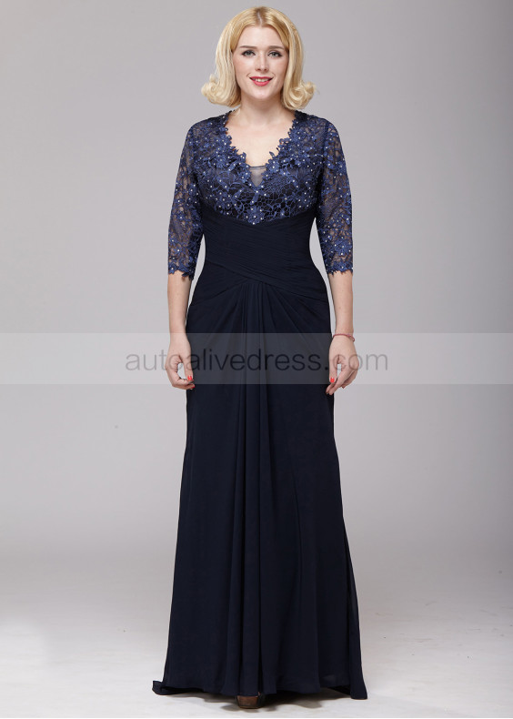 Navy Blue Lace Chiffon Beaded Modern Mother Dress 